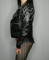 Black Leather Studded jacket With Chains