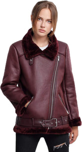 Burgundy Shearling Leather Jacket for Women