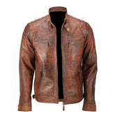 Cafe Racer Men Vintage Biker Distressed Brown Quilted Leather Jacket