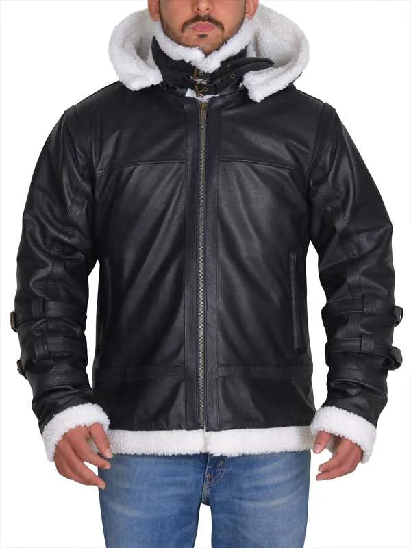 MEN B3 BOMBER SHEEPSKIN Black SHEARLING Hoodie JACKET