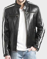 Men's White Motorcycle Stripe Style Leather Jacket