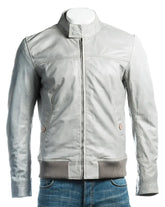 Men's Grey Leather Bomber With Stand-Up Stud fastening Collar