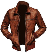 Mens Biker Vintage Distressed Brown Bomber Winter Leather Jacket