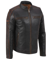 Men's Cafe Racer Black Distressed Leather Brown Stripe Jacket