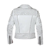 Women White Leather Jacket With Cone Studs