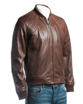 Men's Brown Leather Rib Knit Collar Bomber Jacket With Diamond