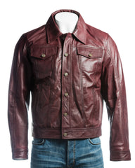 Men's Burgundy Denim Style Leather Jacket
