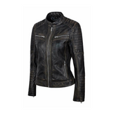 Women Distressed Vintage Biker Black Leather Jacket