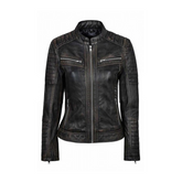 Women Distressed Vintage Biker Black Leather Jacket