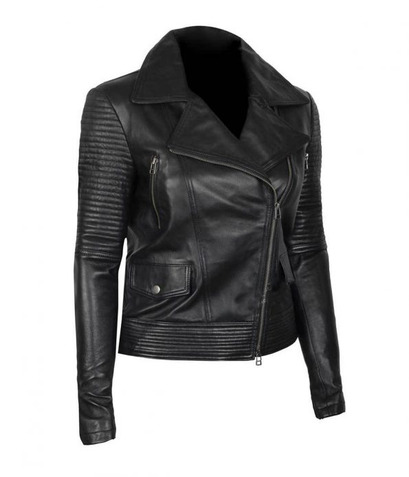 Women's Asymmetrical Quilted Black Motorcycle Leather Jacket
