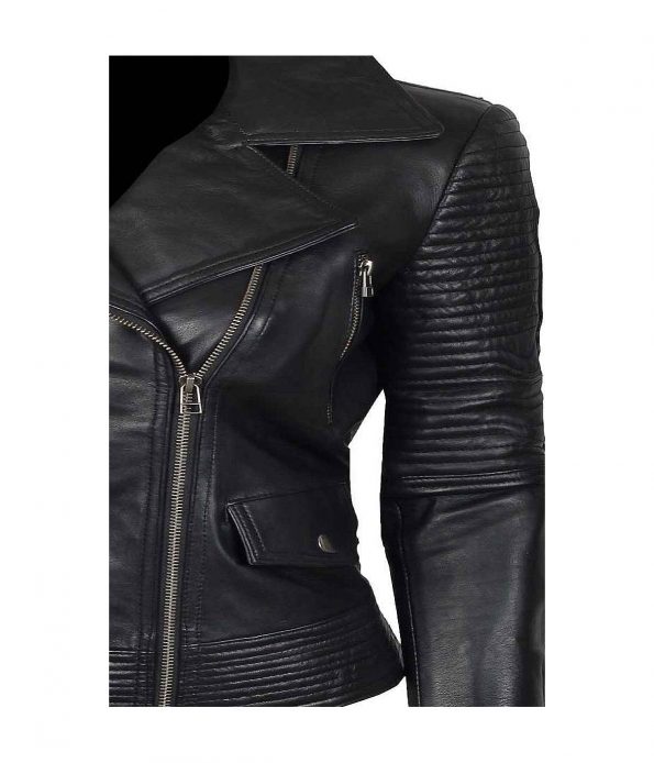 Women's Black Asymmetrical Quilted Slimfit Motorcycle Leather Jacket