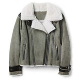 Women Grey Suede Biker Shearling Jacket