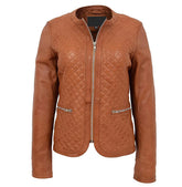 Brown Women’s Collarless Leather Jacket – Quilted Joan Design
