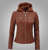 Women Skinny Brown Cafe Racer Genuine Leather Jacket With Hood