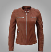Women Skinny Brown Cafe Racer Genuine Leather Jacket