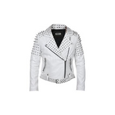 Women White Leather Jacket With Cone Studs