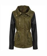 Women's Army Green Cotton Jacket With Leather Sleeves