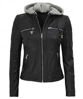 Women's Removable Hooded Black Motorcycle Leather Jacket
