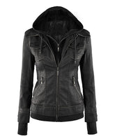Women's Removable Hooded Bomber Black Leather Jacket