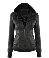Women's Removable Hooded Bomber Black Leather Jacket