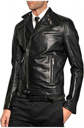 Men Asymmetrical Zip Slim Fit Casual Black Leather Jacket