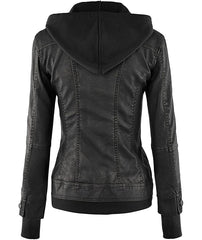 Women's Removable Hooded Bomber Black Leather Jacket