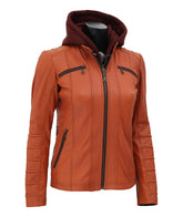 Women's Removable Hooded Brown Quilted Biker Leather Jacket