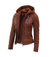 Genuine leather Women's Hooded Brown Leather Jacket