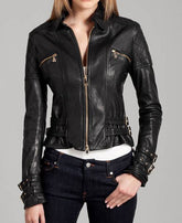 Women's Buckle Straps Motorcycle Black Leather Jacket