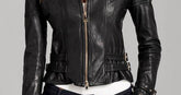 Women's Buckle Straps Black Leather Jacket