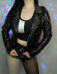 women's Black Leather Studded Jacket With Chains
