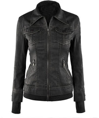 Women's Removable Hooded Bomber Black Leather Jacket