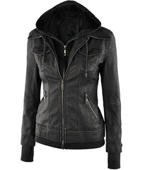 Women's Removable Hooded Bomber Black Leather Jacket