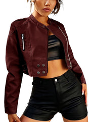 Women's Motorcycle Cropped Maroon Leather Jacket