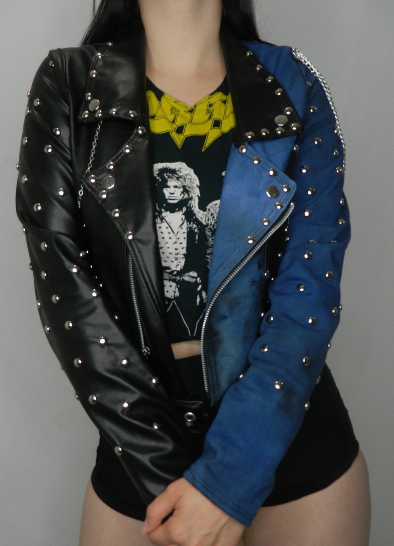 Black faux leather and deep blue distressed denim studded moto style jacket