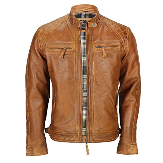 Mens Real Soft Leather Antique Washed Tan Rust Brown Vintage Zipped Smart Casual Biker Jacket