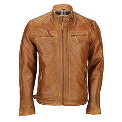 Mens Real Soft Leather Antique Washed Tan Rust Brown Vintage Zipped Smart Casual Biker Jacket