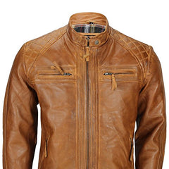 Mens Real Soft Leather Antique Washed Tan Rust Brown Vintage Zipped Smart Casual Biker Jacket