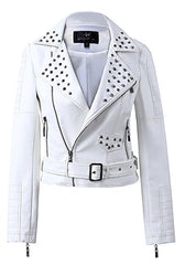 Mooncolour Womens Punk Studded Rivet Faux Leather Zip Up Power Shoulder Bomber Moto Jacket