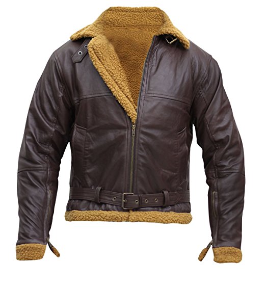 Mens B3 Flight Shearling Pilot Real Sheepskin Brown Bomber Cockpit Leather Jacket