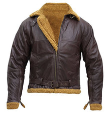 Mens B3 Flight Shearling Pilot Real Sheepskin Brown Bomber Cockpit Leather Jacket