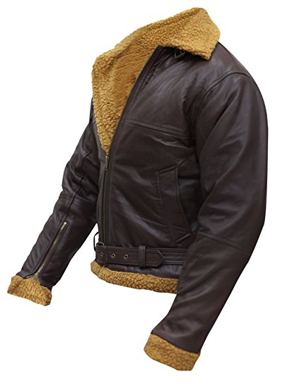 Mens B3 Flight Shearling Pilot Real Sheepskin Brown Bomber Cockpit Leather Jacket