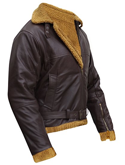 Mens B3 Flight Shearling Pilot Real Sheepskin Brown Bomber Cockpit Leather Jacket