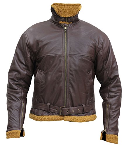 Mens B3 Flight Shearling Pilot Real Sheepskin Brown Bomber Cockpit Leather Jacket