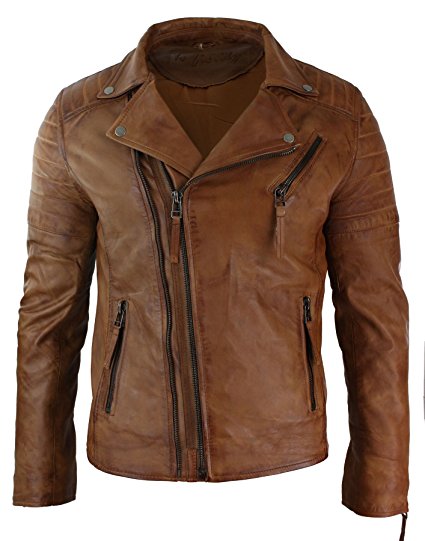 Aviatrix Mens Slim Fit Cross Zip Vintage Brando Washed Real Leather Jacket Black Brown Tan Burgundy