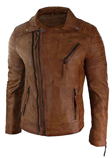 Aviatrix Mens Slim Fit Cross Zip Vintage Brando Washed Real Leather Jacket Black Brown Tan Burgundy