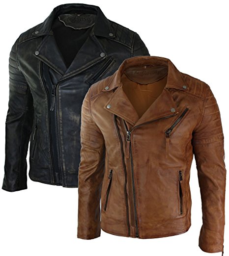 Aviatrix Mens Slim Fit Cross Zip Vintage Brando Washed Real Leather Jacket Black Brown Tan Burgundy