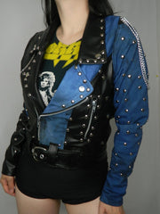 Black faux leather and deep blue distressed denim studded moto style jacket