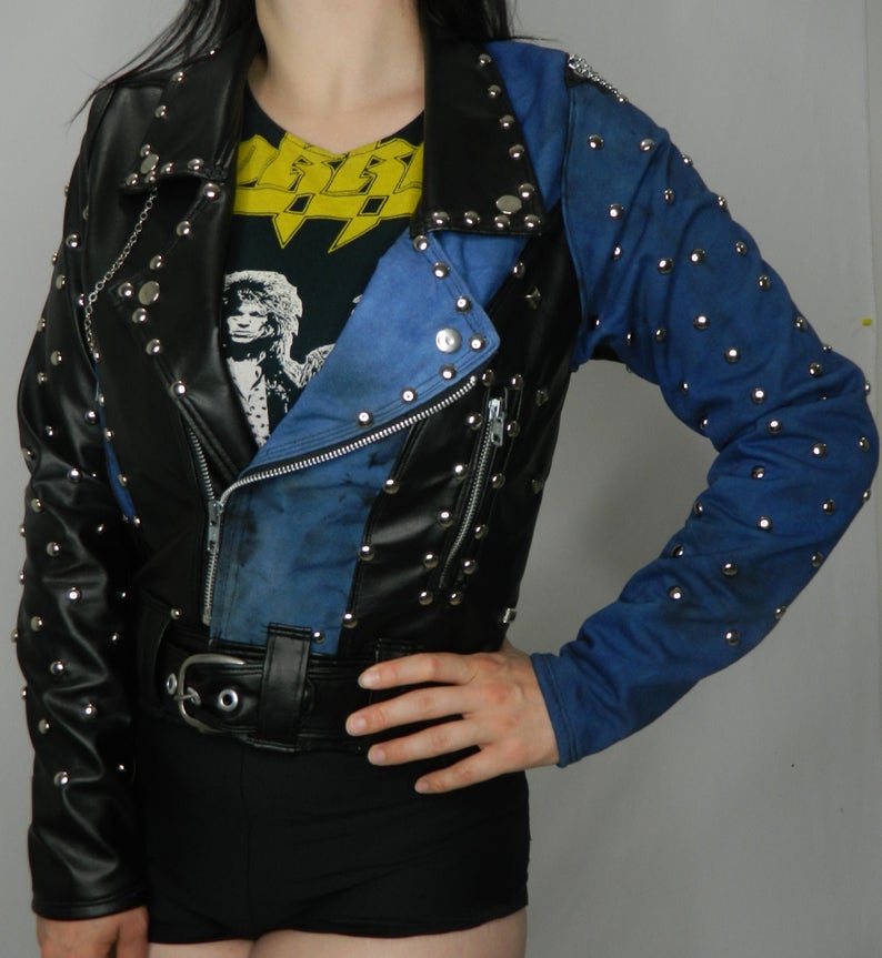 Black faux leather and deep blue distressed denim studded moto style jacket