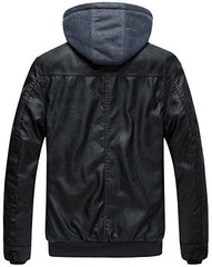 Wantdo Men's Faux Leather Jacket Detachable Hood Coat